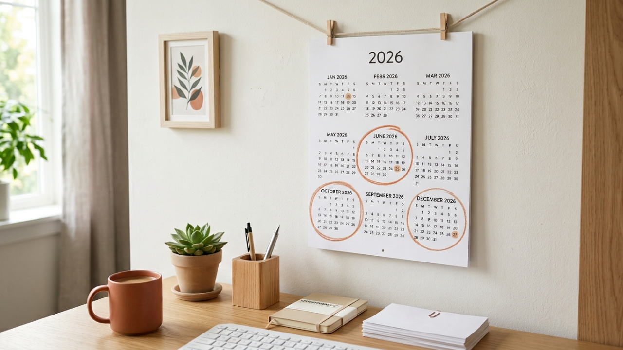 A simple wall calendar with a few months circled in warm color
