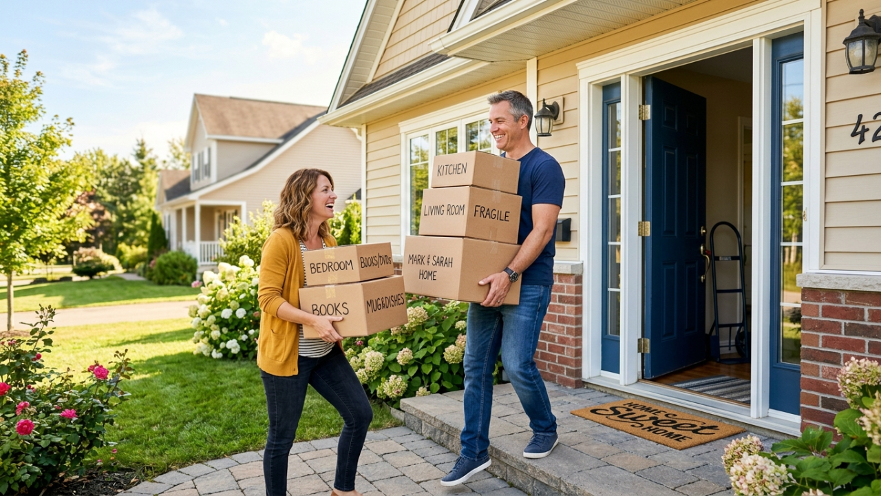 A smiling couple in their 40s carrying moving boxes into a new home