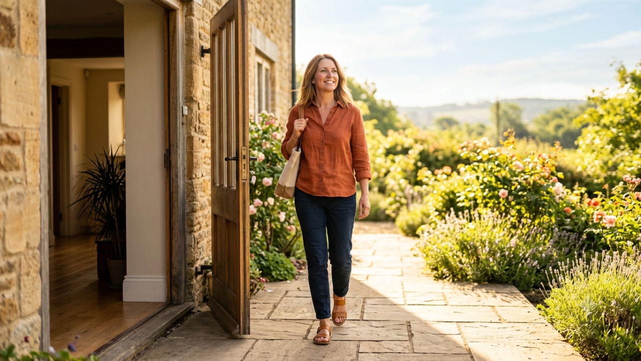 A confident woman in her 40s walking through a bright open doorway into sunlight
