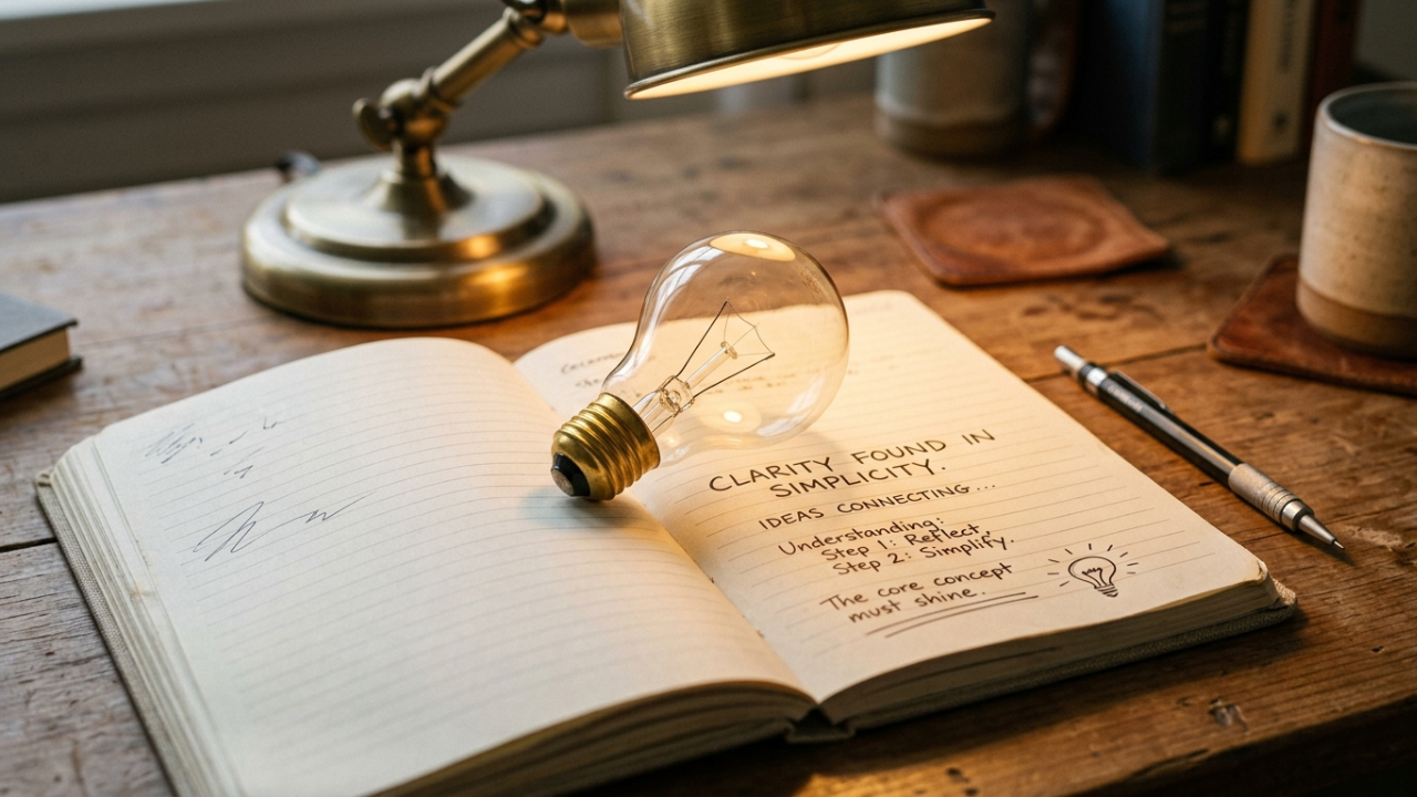 A simple lightbulb sitting on an open notebook with a few handwritten notes