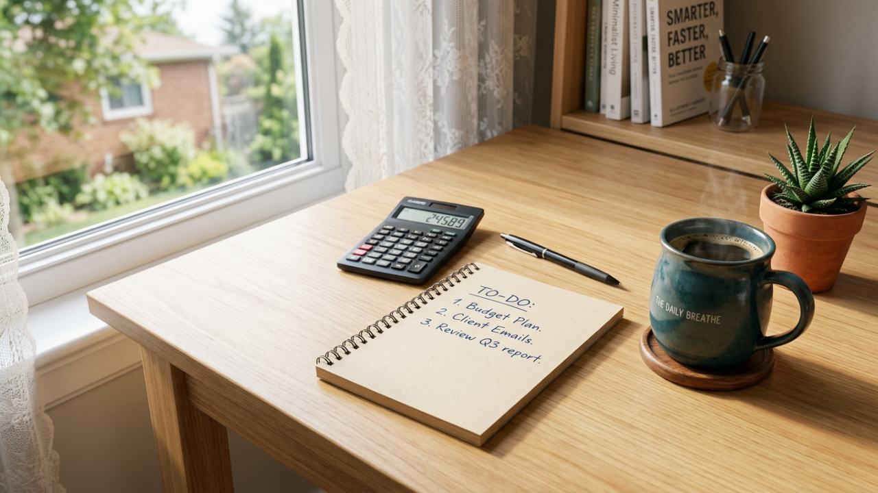 A tidy desk scene with a calculator, a notepad with simple handwritten notes, and a cup of coffee