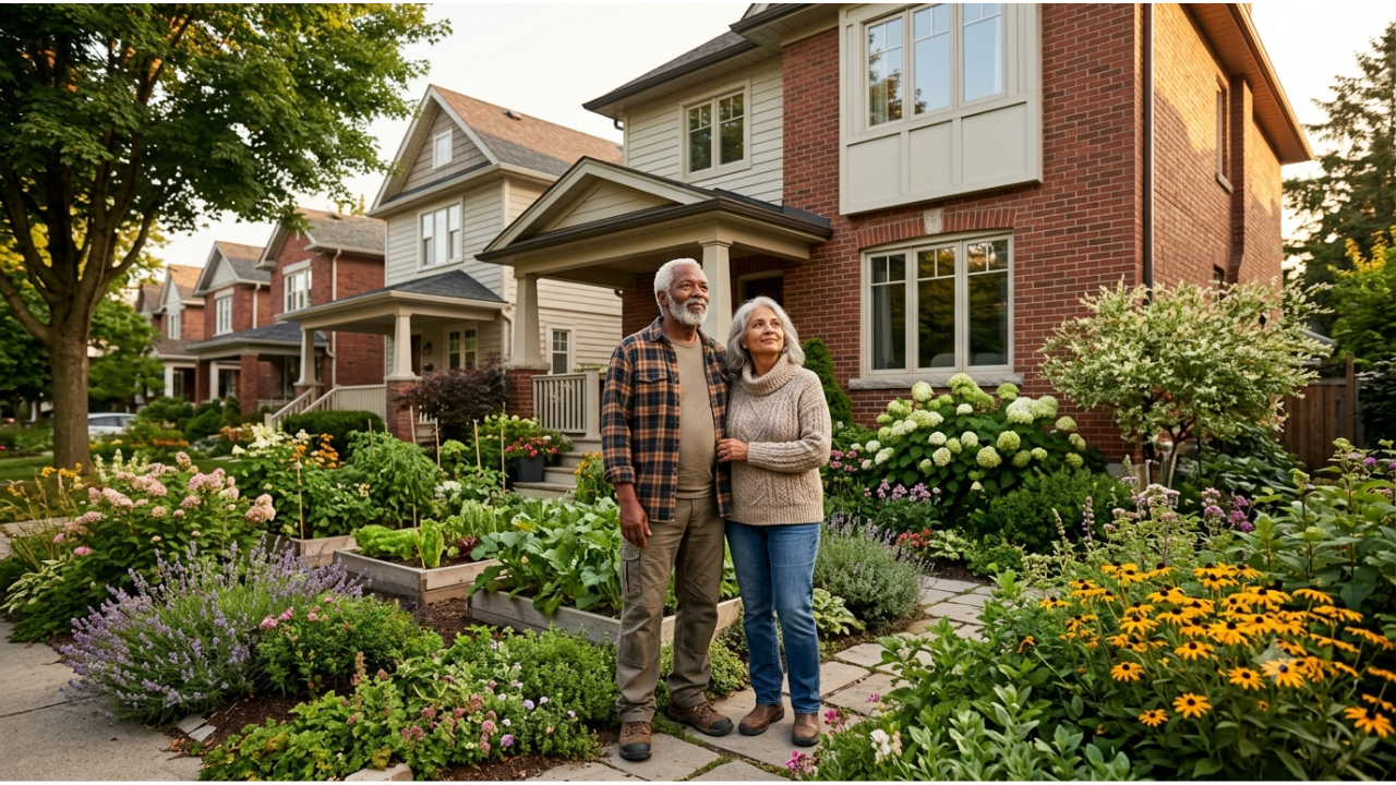 An older couple standing together in their front yard looking up at their home