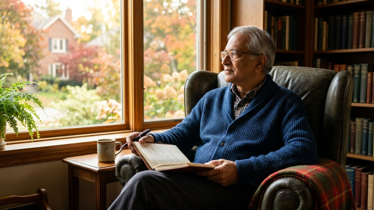 An older man sitting comfortably in a sunlit armchair with a notebook and pen
