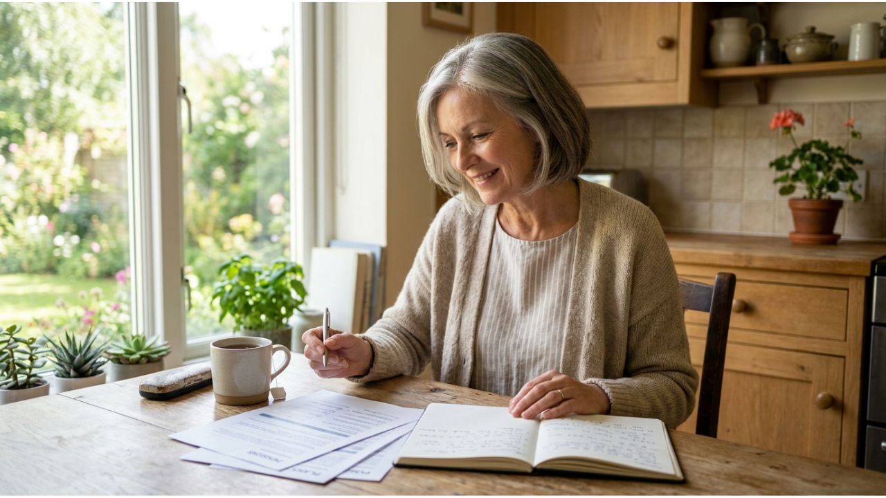 A relaxed woman in her late 50s sitting at a kitchen table with a cup of tea and a notebook