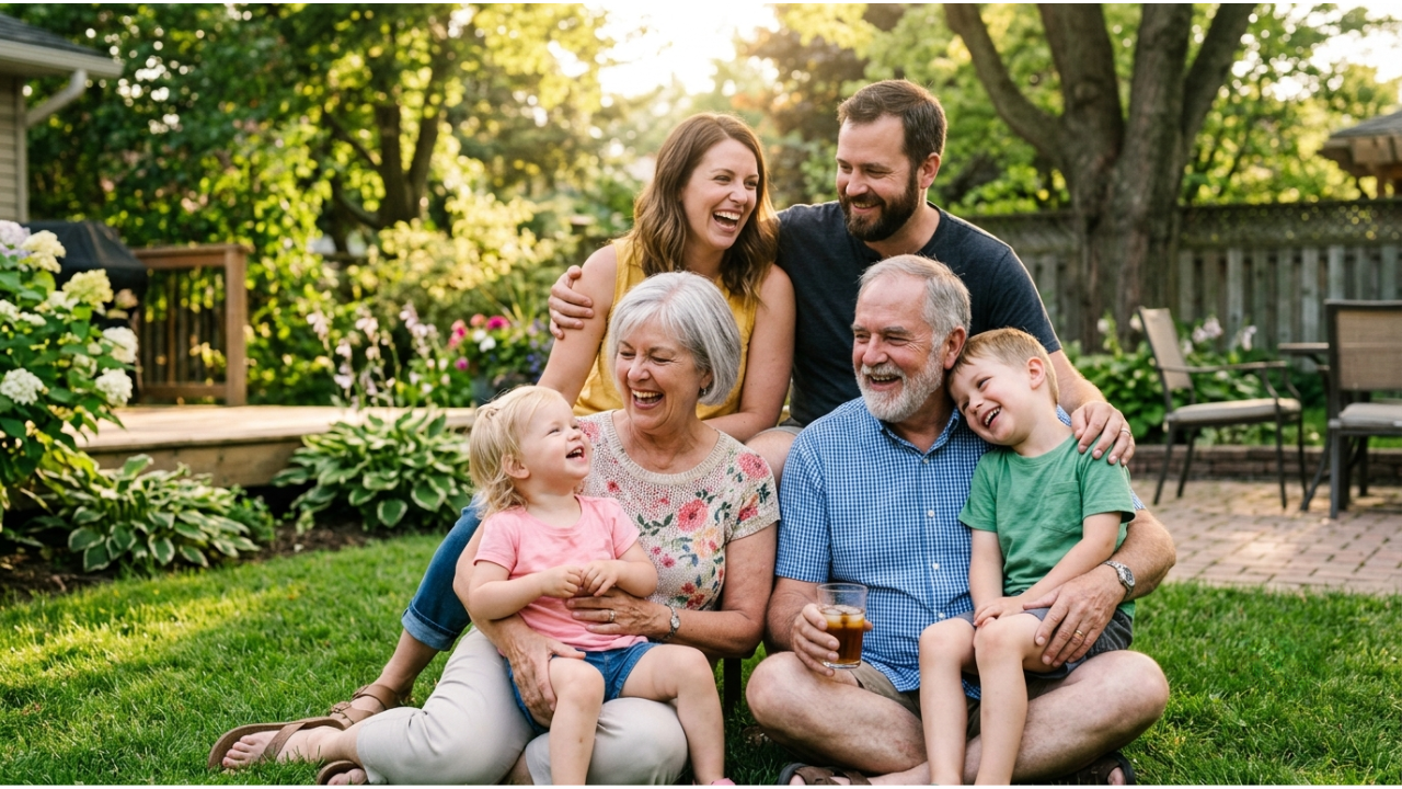 A joyful three-generation family in a backyard
