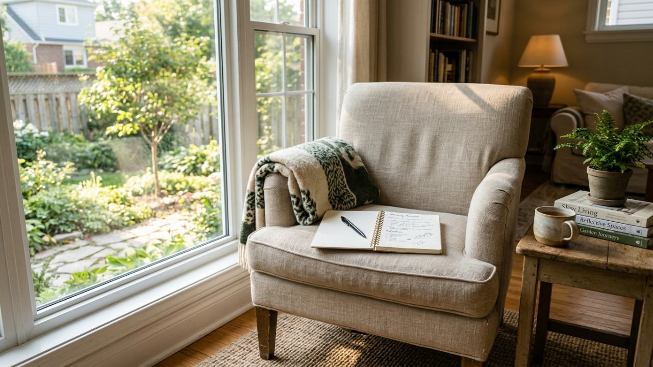 A cozy armchair by a bright window with an open notebook and pen resting on the seat
