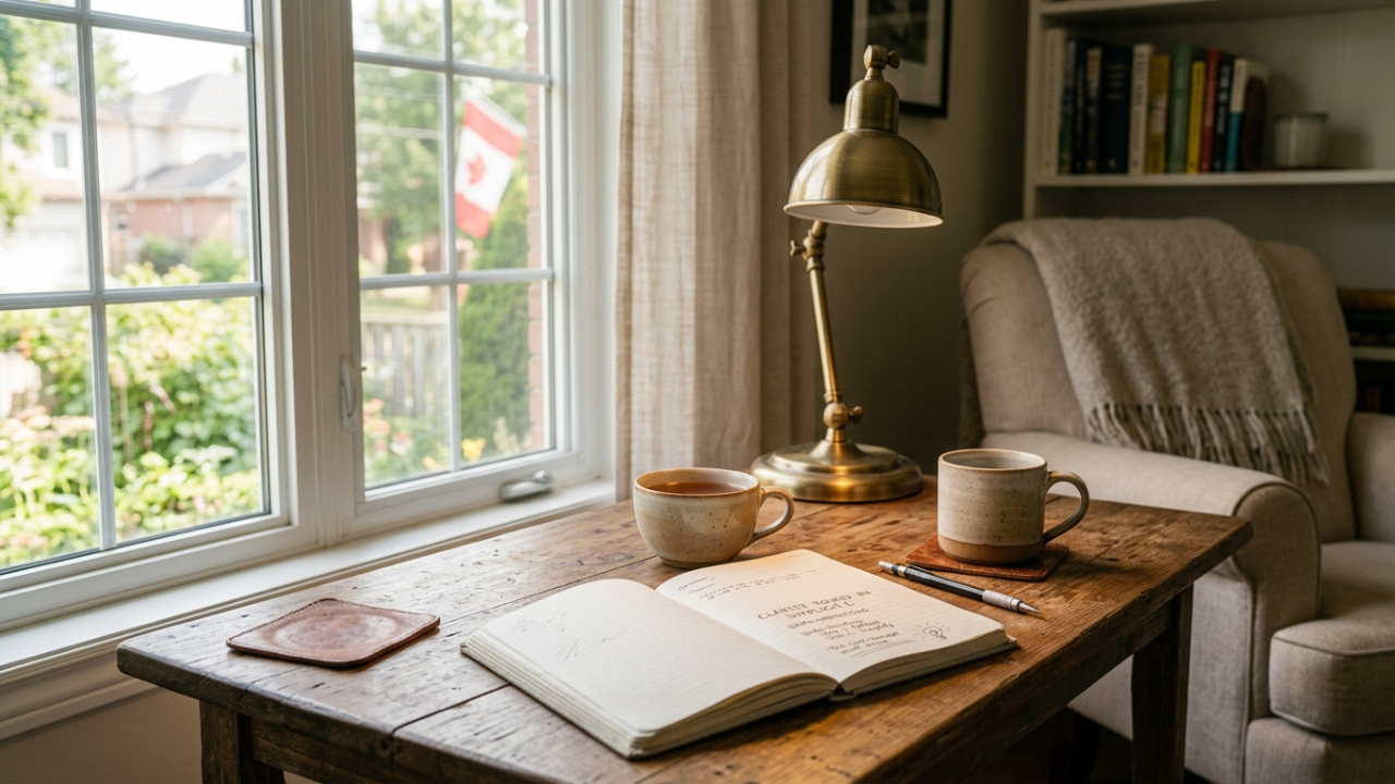 A cozy reading nook with a notebook, pen, and cup of tea resting on a small table