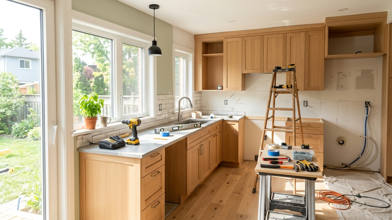 A bright, sunlit kitchen mid-renovation with fresh cabinetry and a ladder, tools neatly placed