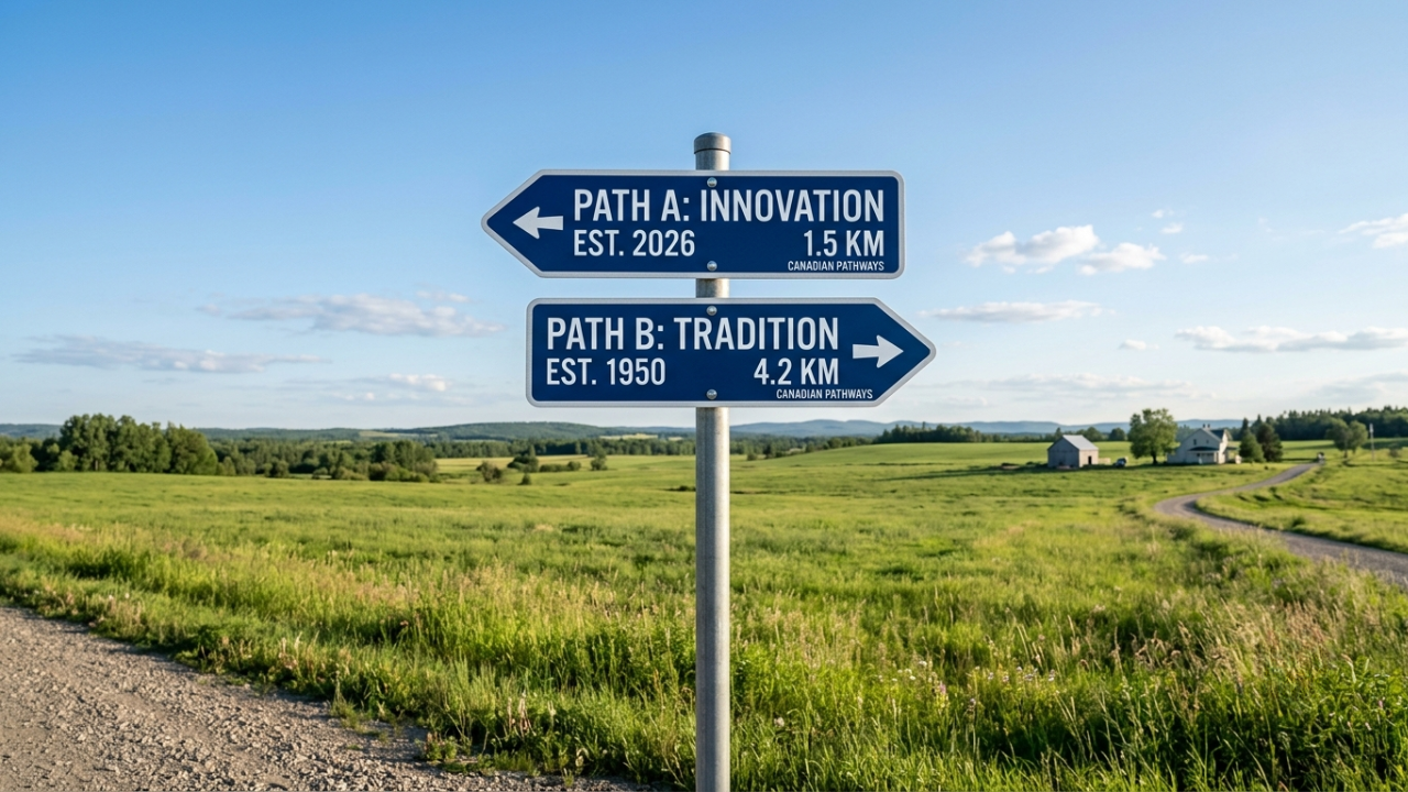 Two clean, modern road signs pointing in different directions under a bright blue sky