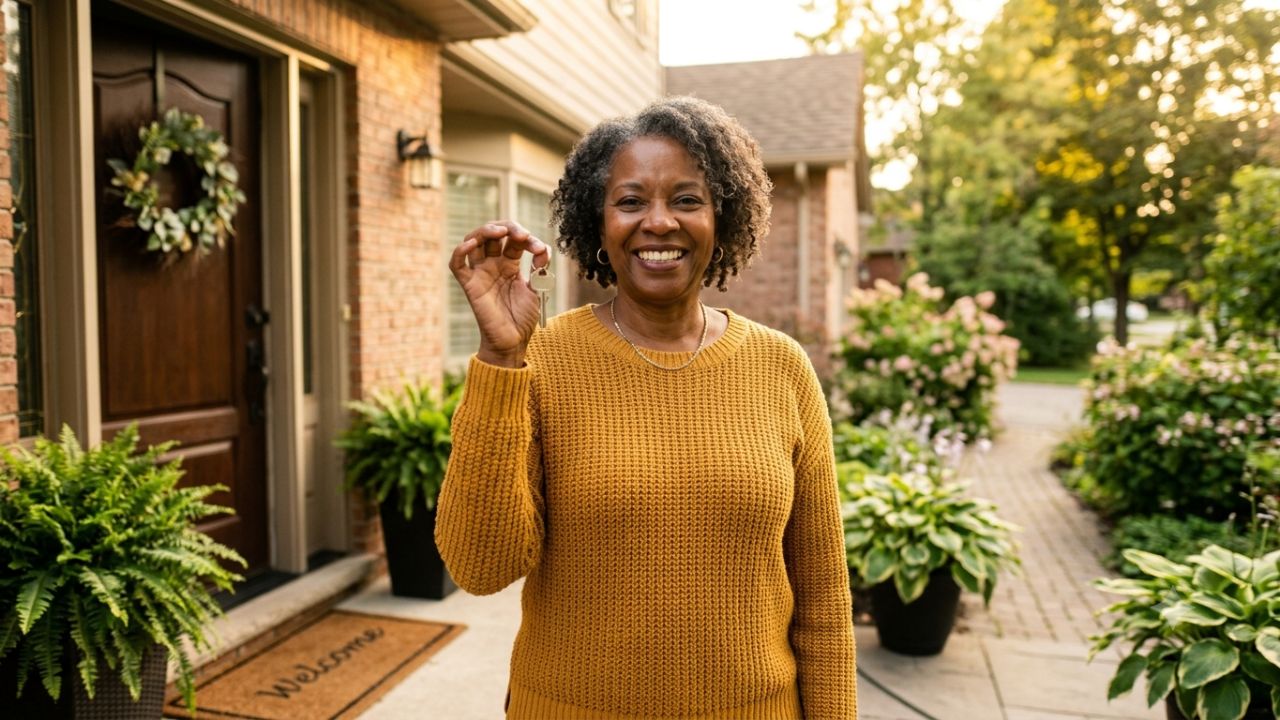 A smiling homeowner in her 60s standing in her doorway holding up a house key