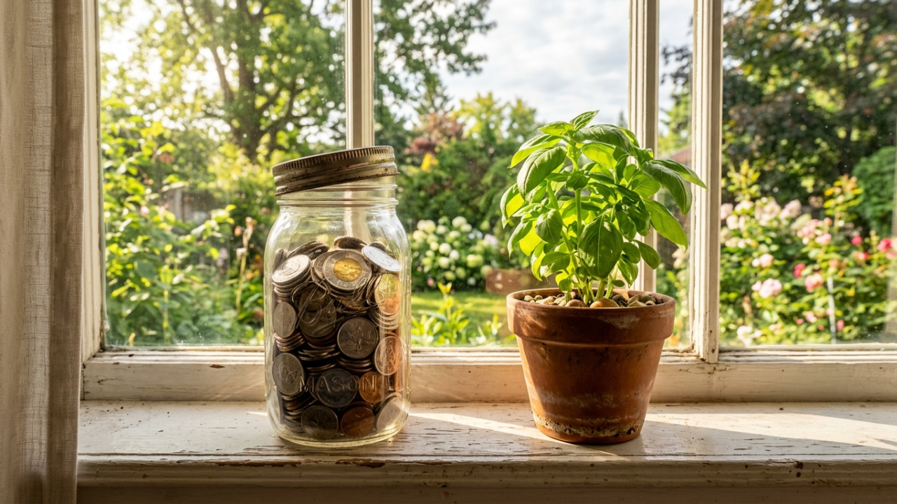 A glass jar filled with coins sitting on a sunny windowsill next to a small potted plant