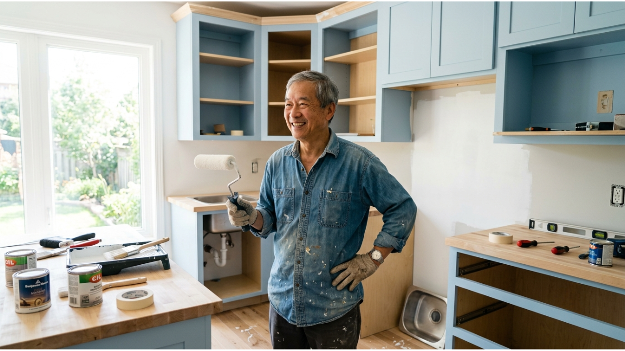 A cheerful man in his 60s in a partially renovated kitchen