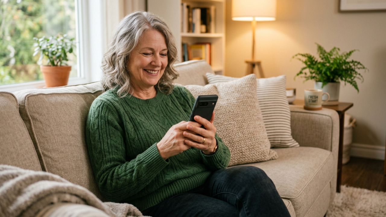 A relieved woman in her 50s smiling while looking at her phone on a couch
