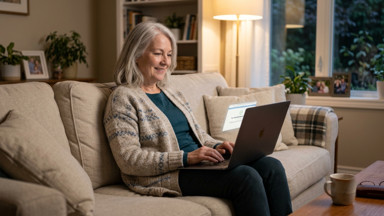 A woman in her 60s sitting on a couch with a laptop