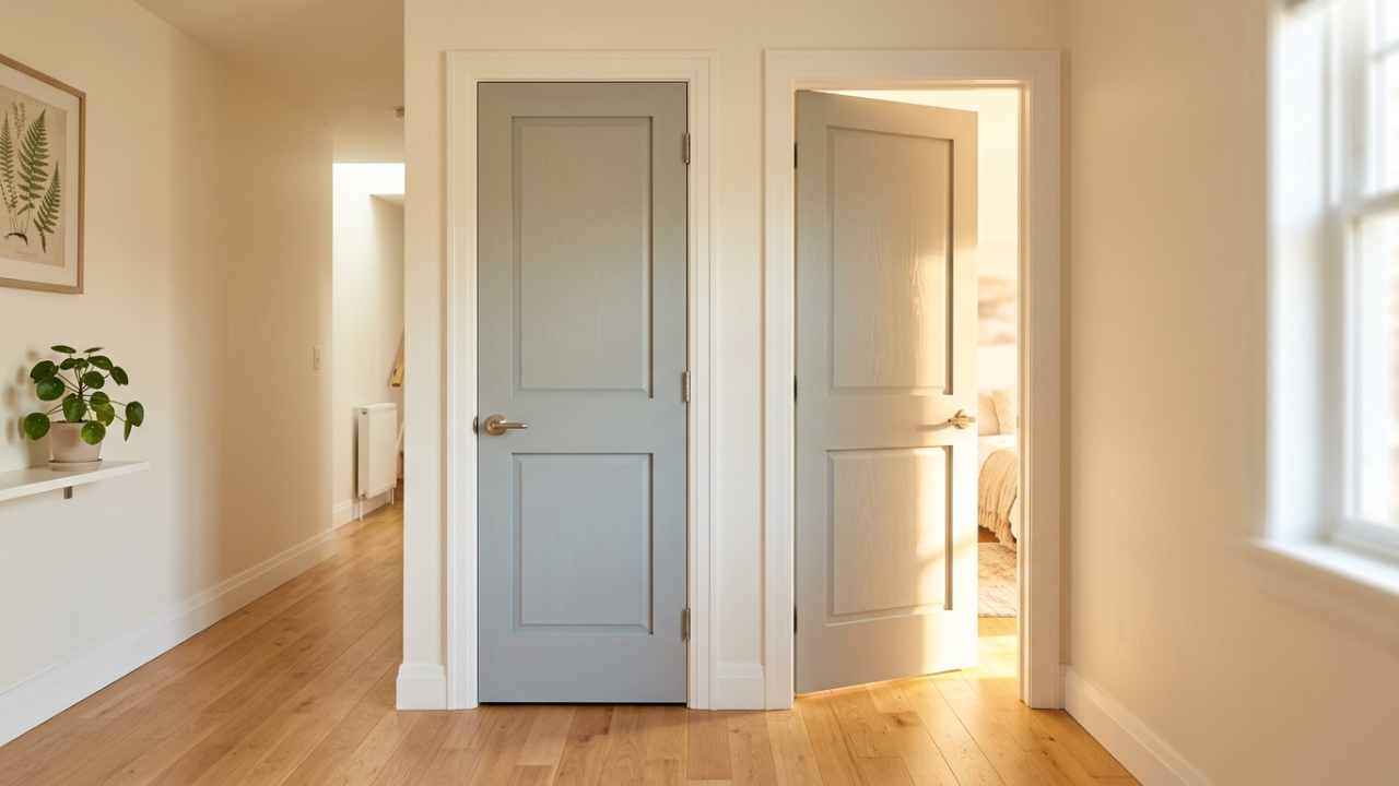 Two simple wooden doors side by side in a sunlit hallway