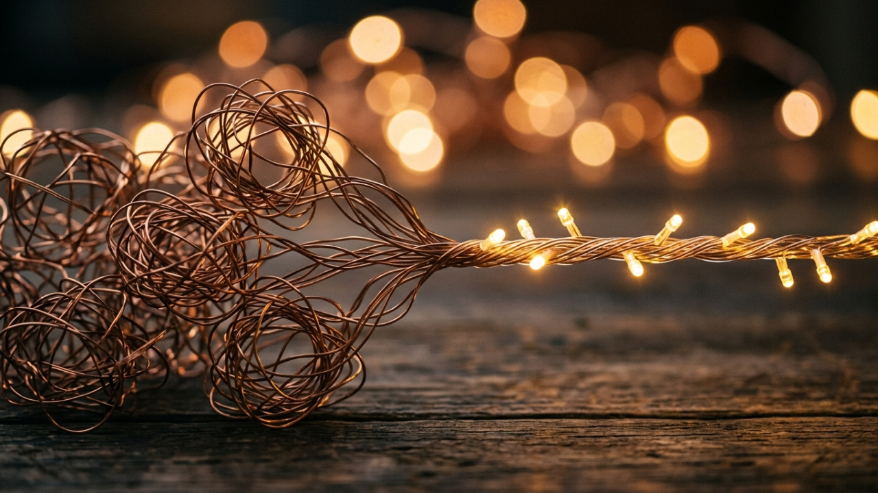 Several small tangled strings of string lights merging into one neat, glowing strand
