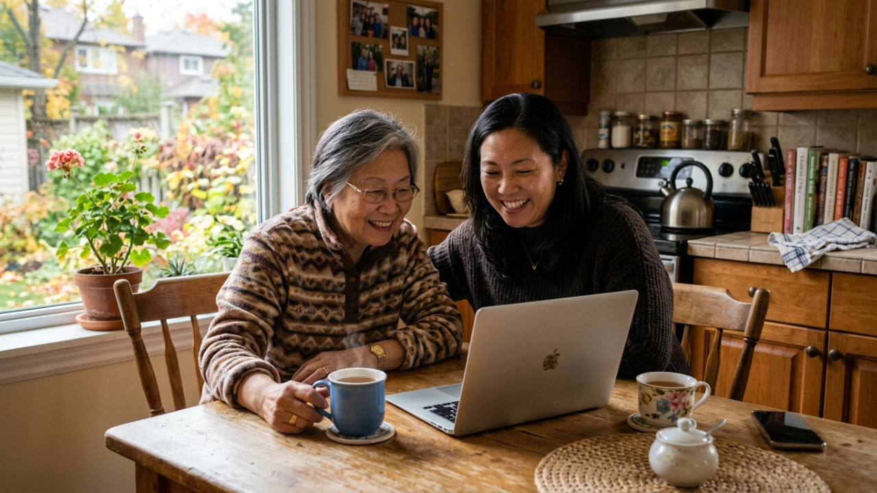 An older woman and her adult daughter sitting together at the kitchen table looking at a laptop screen