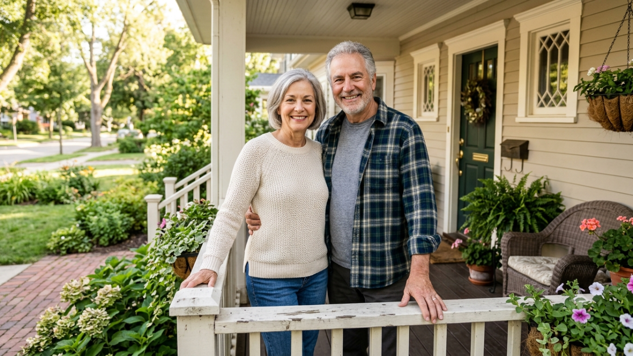 A smiling couple in their 60s standing on the front porch of a cozy suburban home.