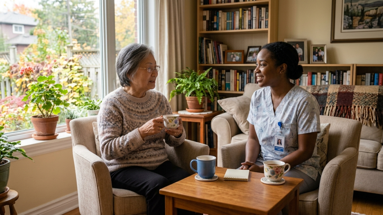 A female personal support worker in light-coloured scrubs sitting with an elderly woman in a bright, tidy living room