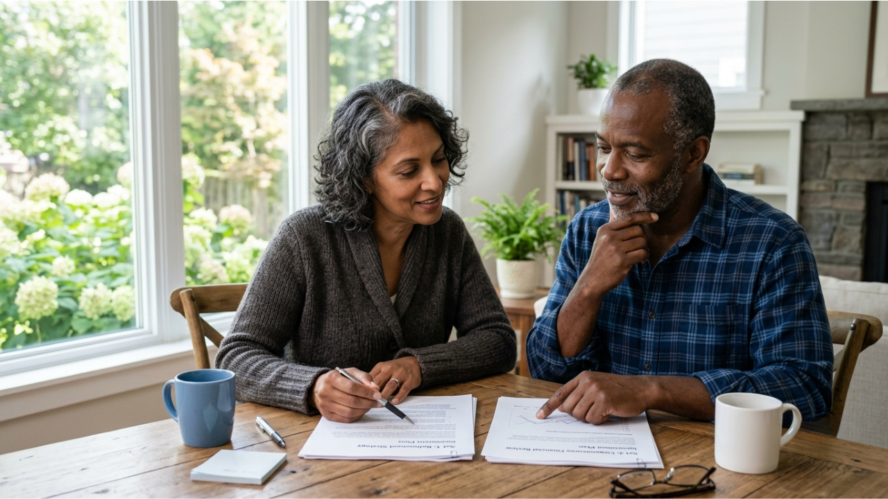 A couple in their late 50s sitting at a dining table