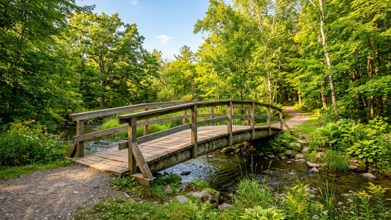 A sturdy wooden footbridge crossing a small stream in a sunny park