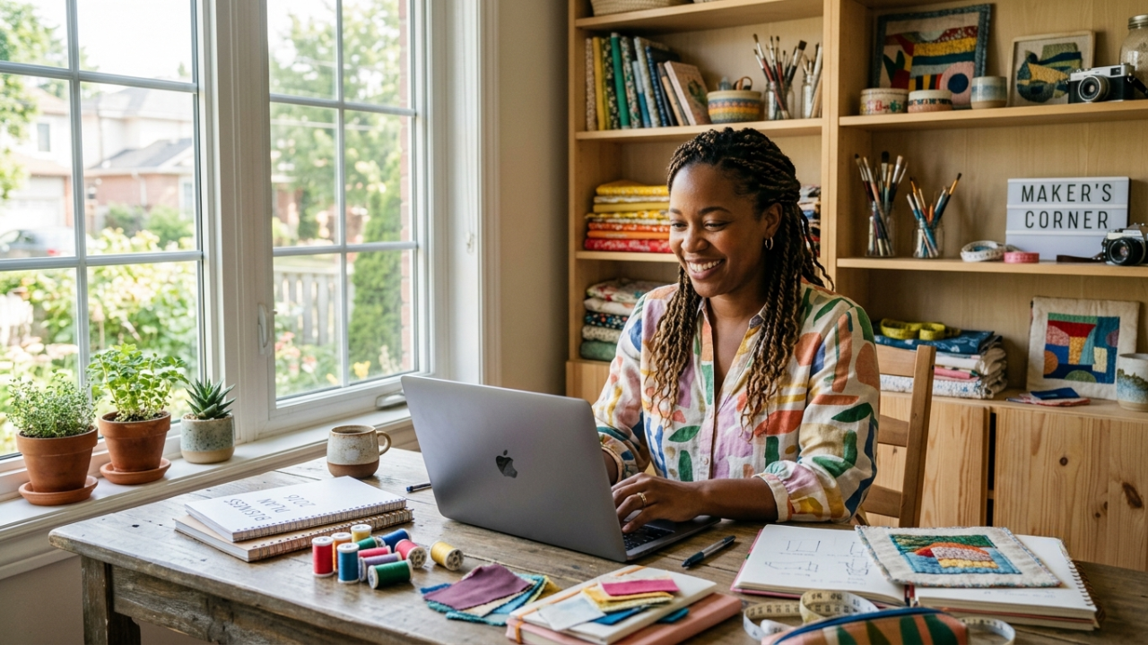 A cheerful woman in her 30s working at a laptop in a small bright home studio