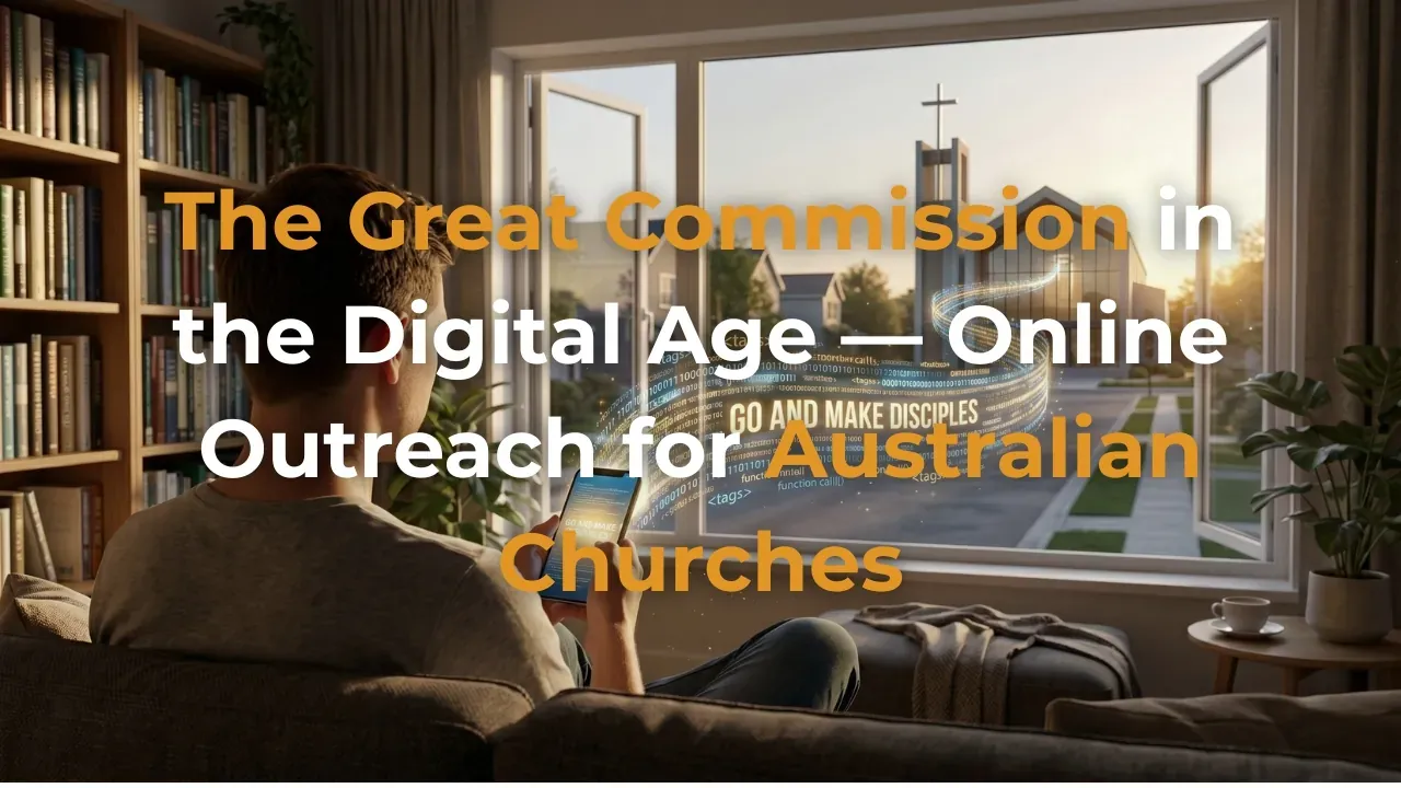 a young man sitting on a couch looking at his phone with the words Go and make disciples flying into it from a church out the window