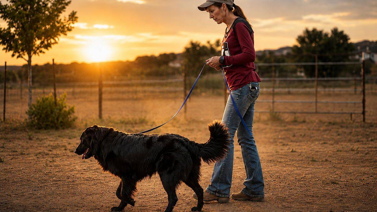 Dawna walking a black dog on a loose leash at sunset