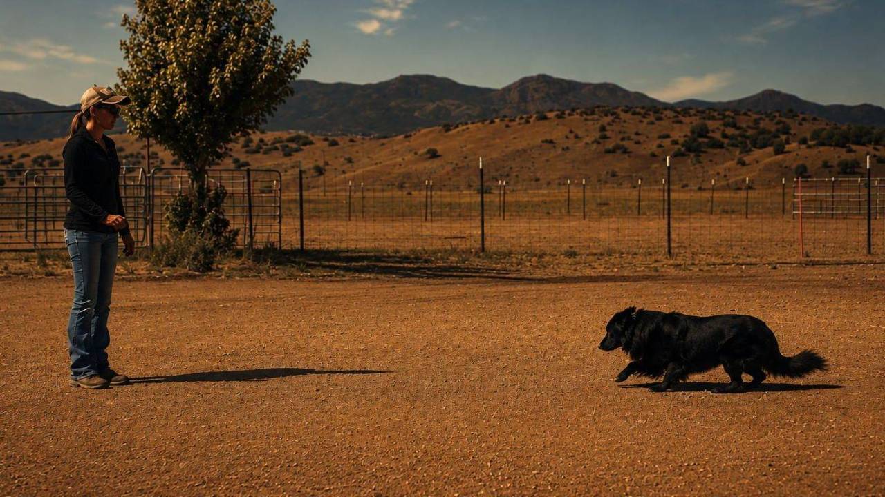 Australian Shepherd practicing a down away from livestock during off-stock training