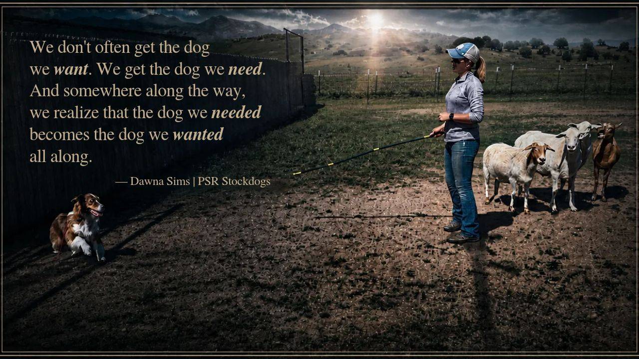 Handler working with an Australian Shepherd in a stockdog training session.
