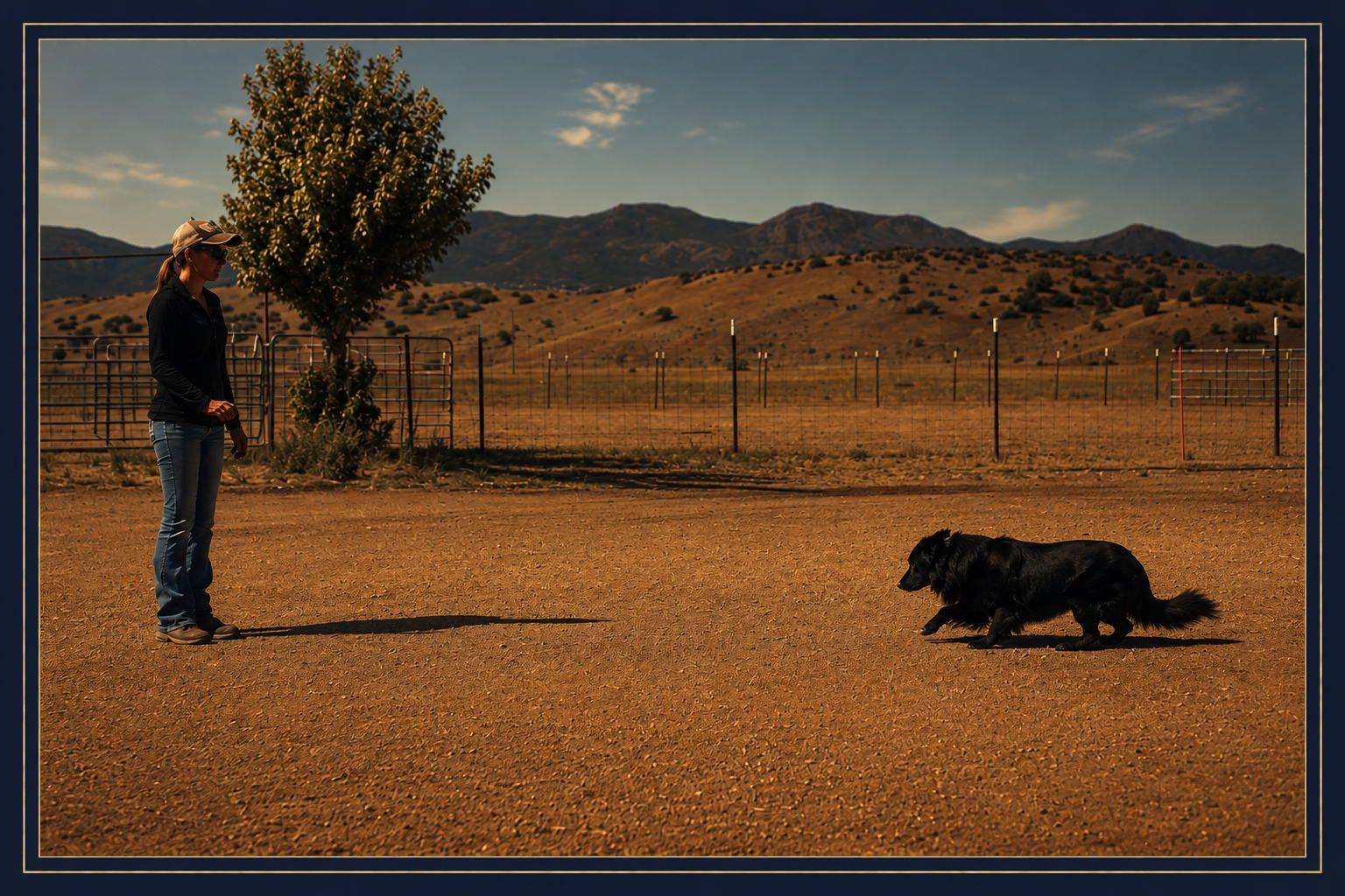 Handler and dog working a moving stop off stock