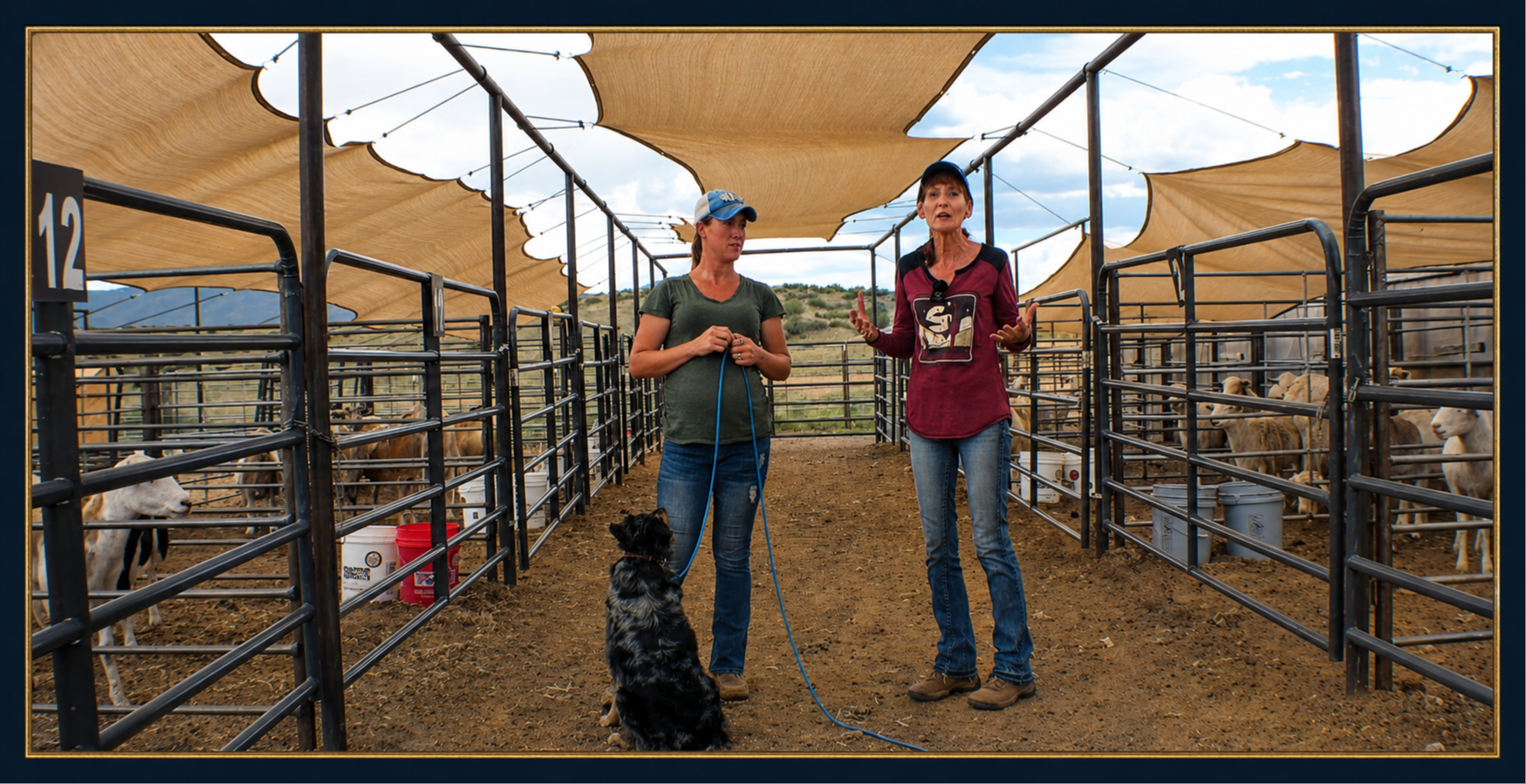 Handler working with stockdog around penned livestock