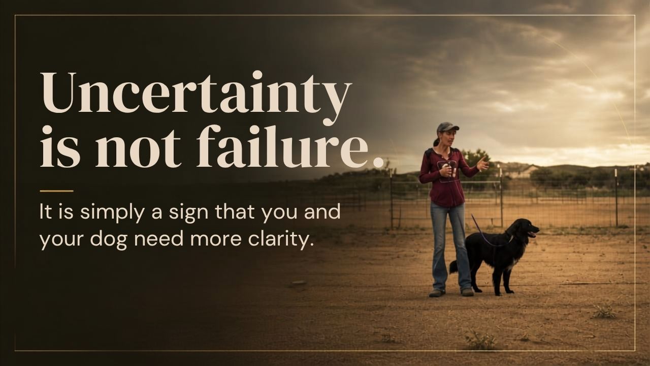 Handler helping a stockdog work with confidence during a livestock training session.