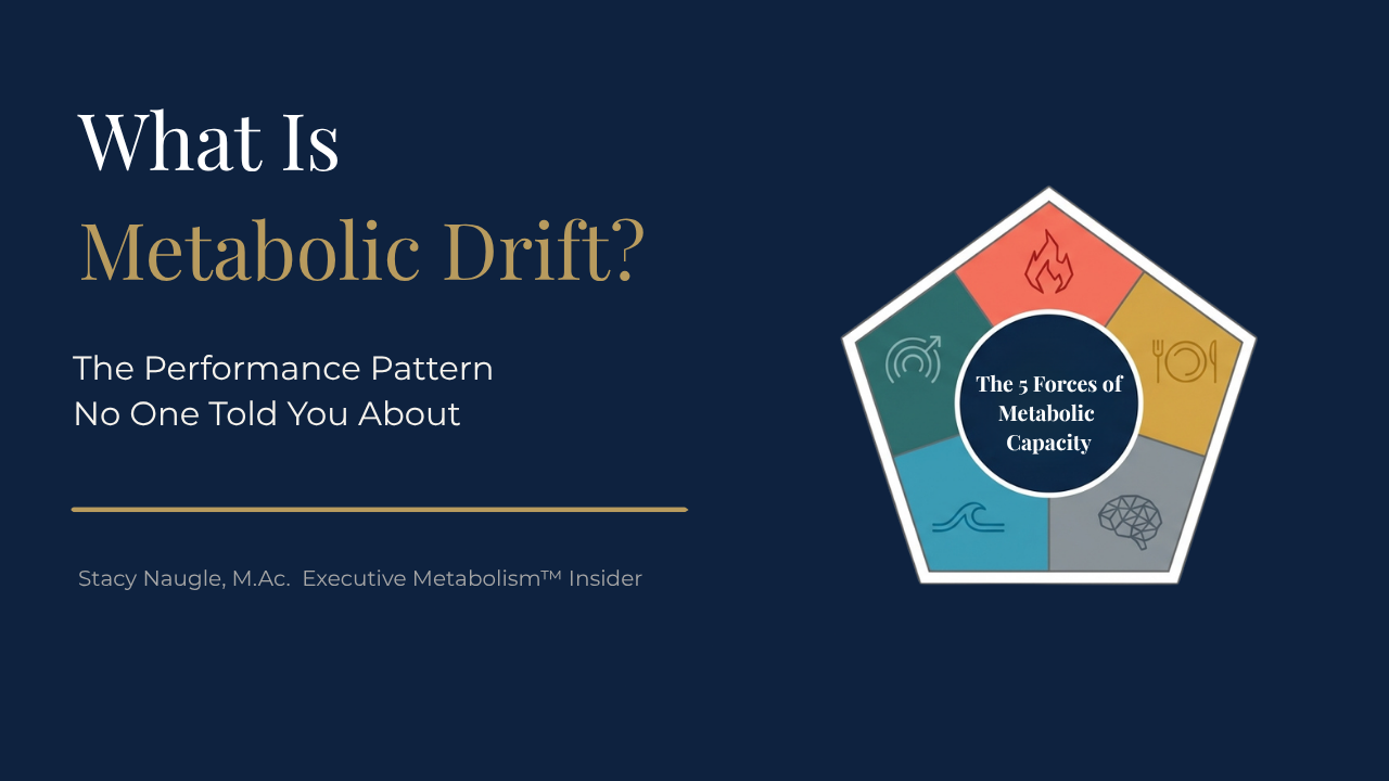 What is Metabolic Drift title with a 5 Forces of Metabolic Drift image representing FIRE, FUEL, FOCUS, FLOW, and FREEDOM. 