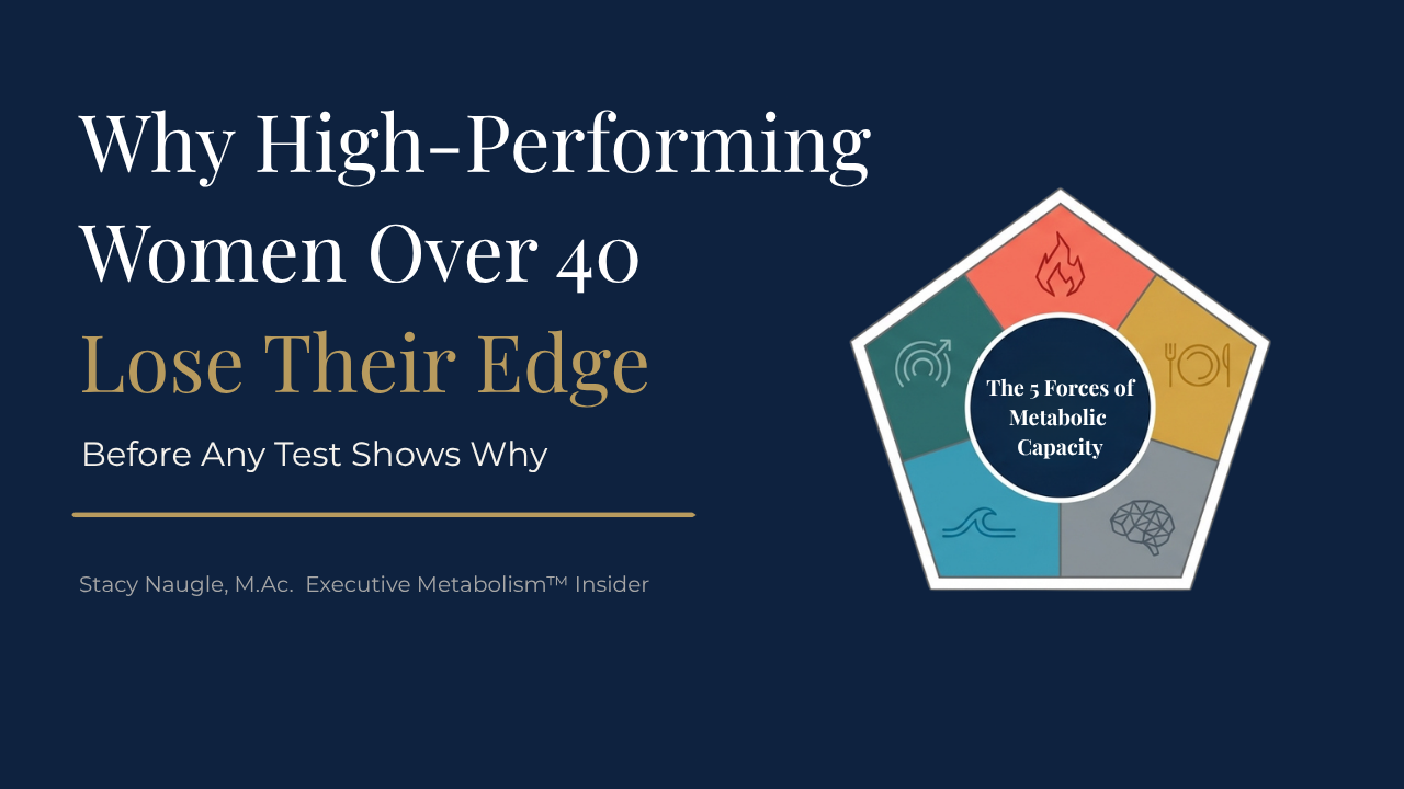 Why High-Performing Women Over 40 Lose Their Edge Before Any Test Shows Why, Five Forces of Metabolic capacity image: fire, fuel, focus, flow, freedom