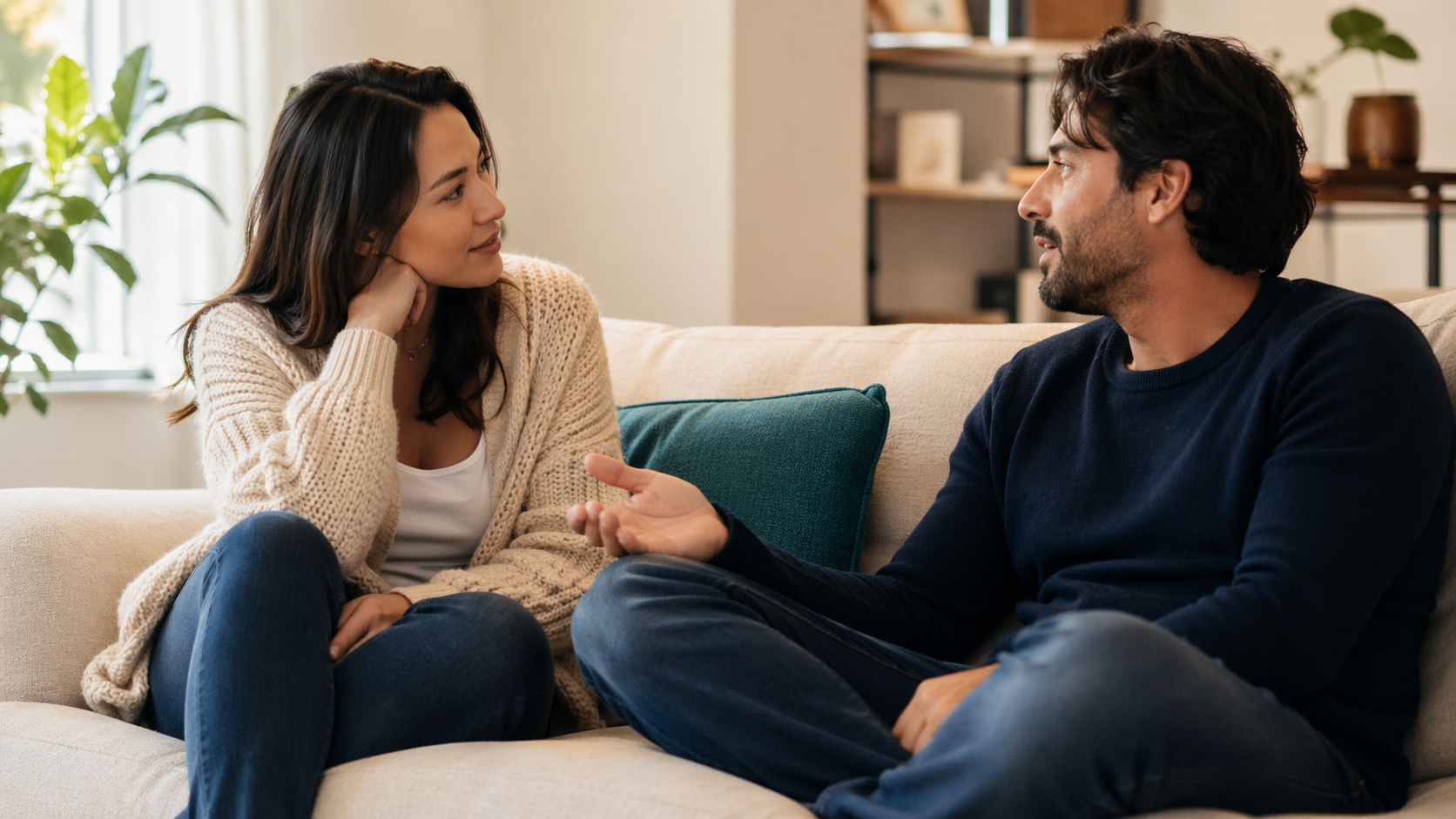 Couple sitting on a couch calmly working through a disagreement — healthy communication in a relationship.