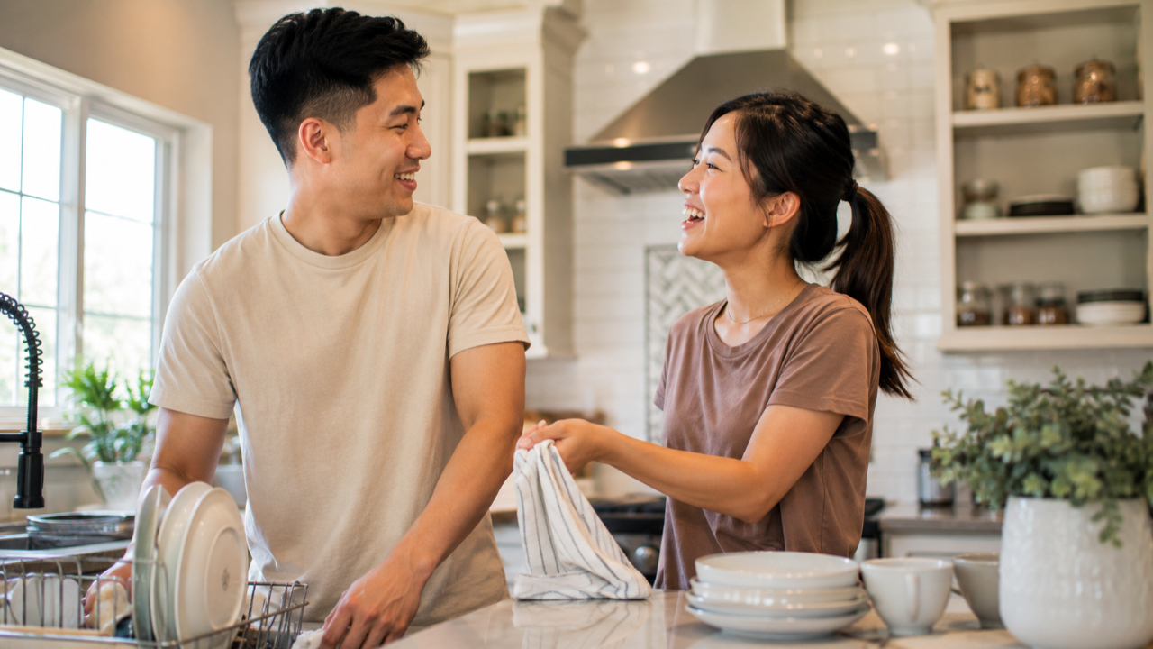 Asian couple laughing together while doing dishes in a bright modern kitchen, representing teamwork and connection in relationships