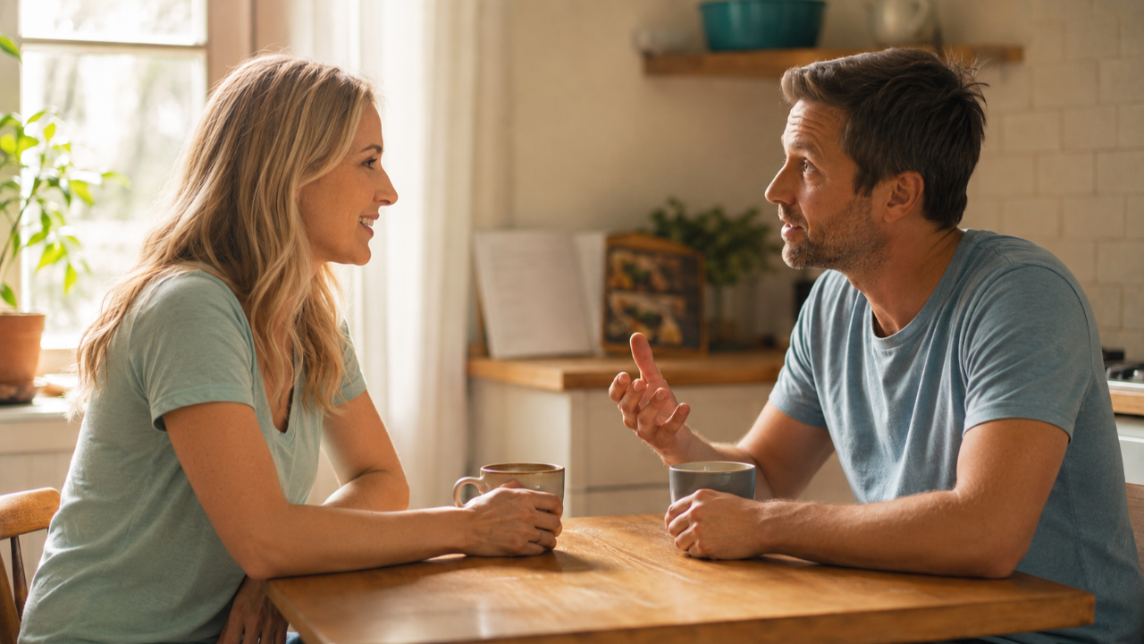 Couple sitting close together having a calm, focused conversation — practicing healthy communication.