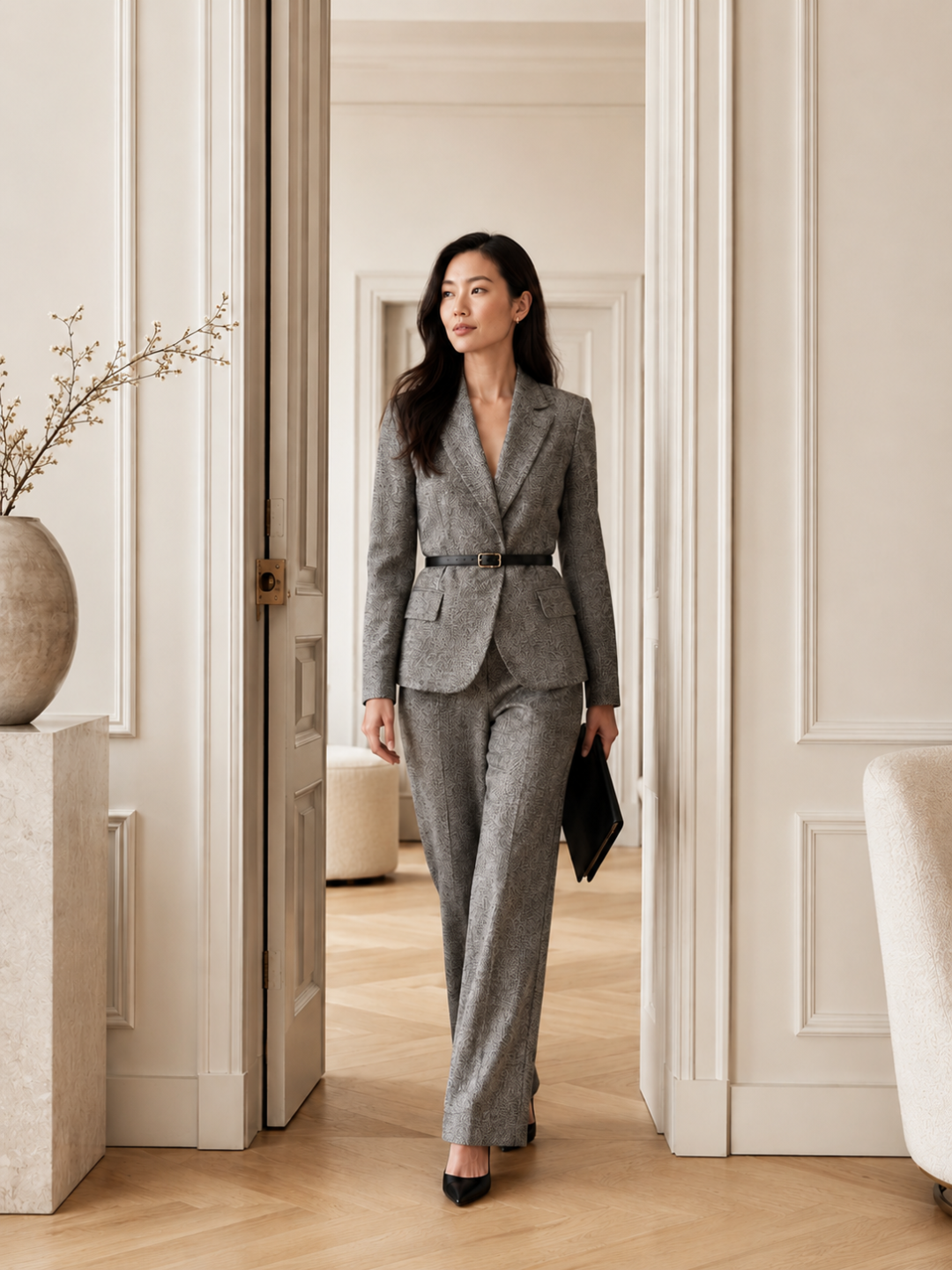 woman in a suit walking with confidence