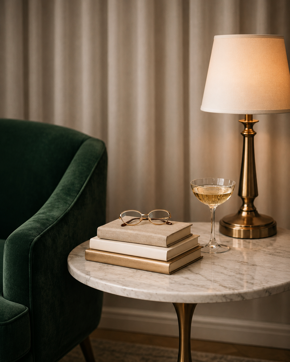 books, journals, eye glasses and a drink on a table