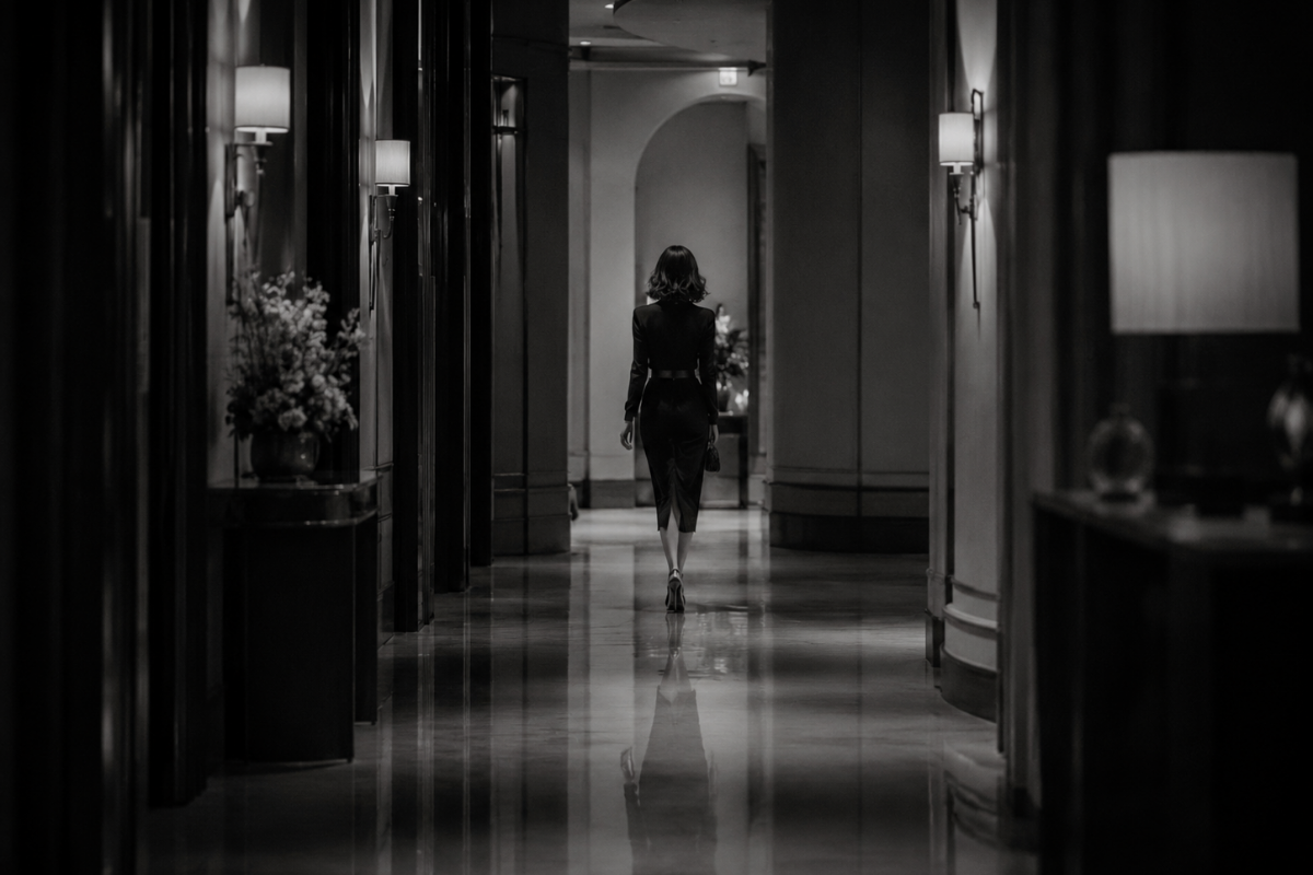 woman walking down a hall