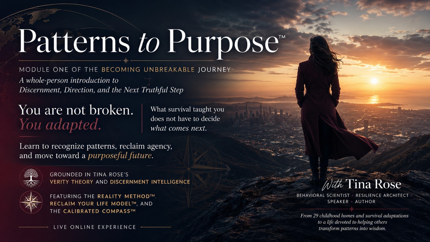 Pattern to Purpose with Tina Rose: a figure on a ridge at dawn overlooking a waking city