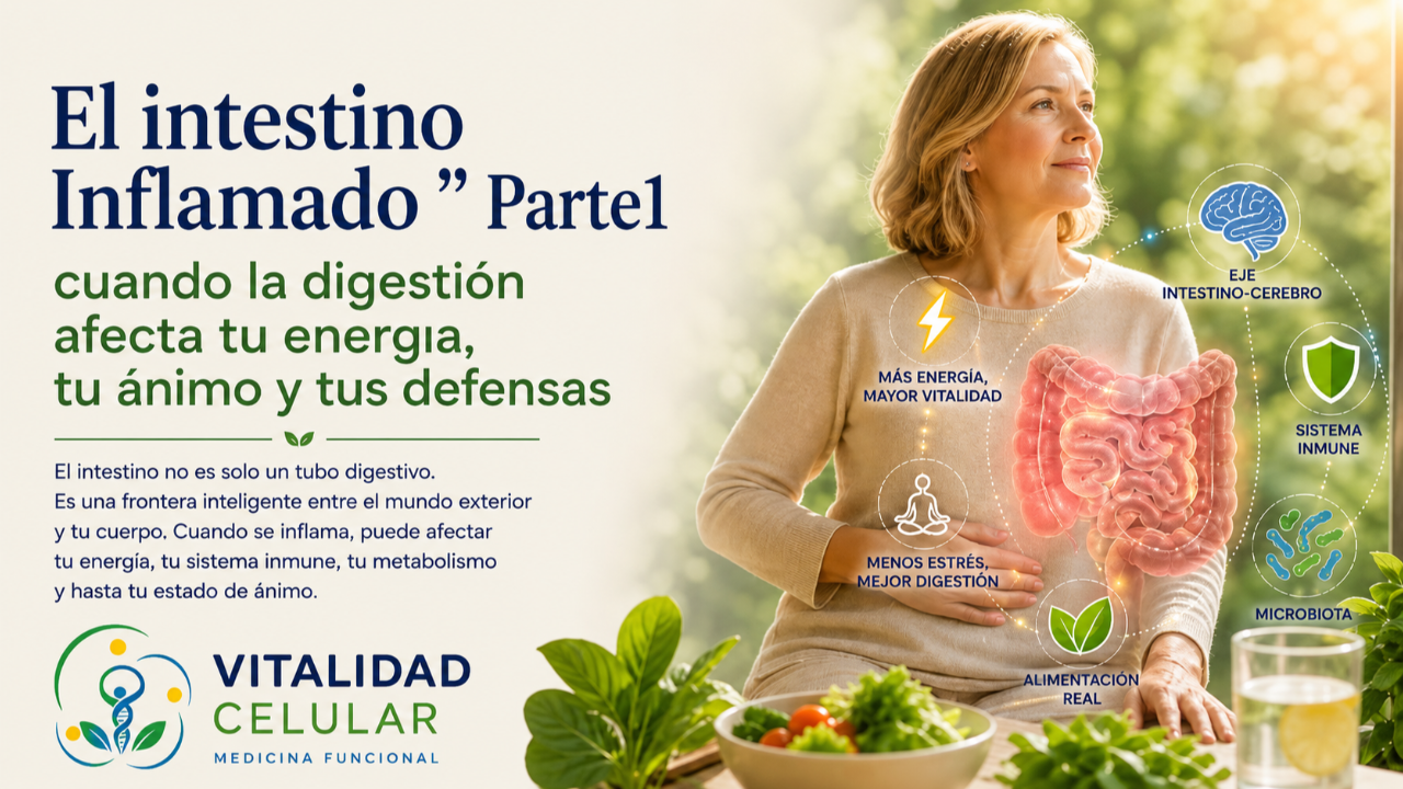 Imagen educativa sobre intestino inflamado, microbiota, digestión, alimentación real y medicina funcional.