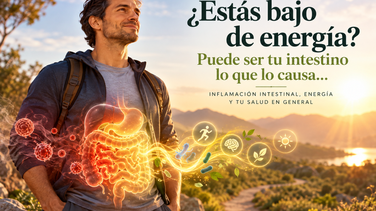 Persona con baja energía y representación simbólica del intestino inflamado transformándose en vitalidad mediante medicina funcional y salud intestinal.