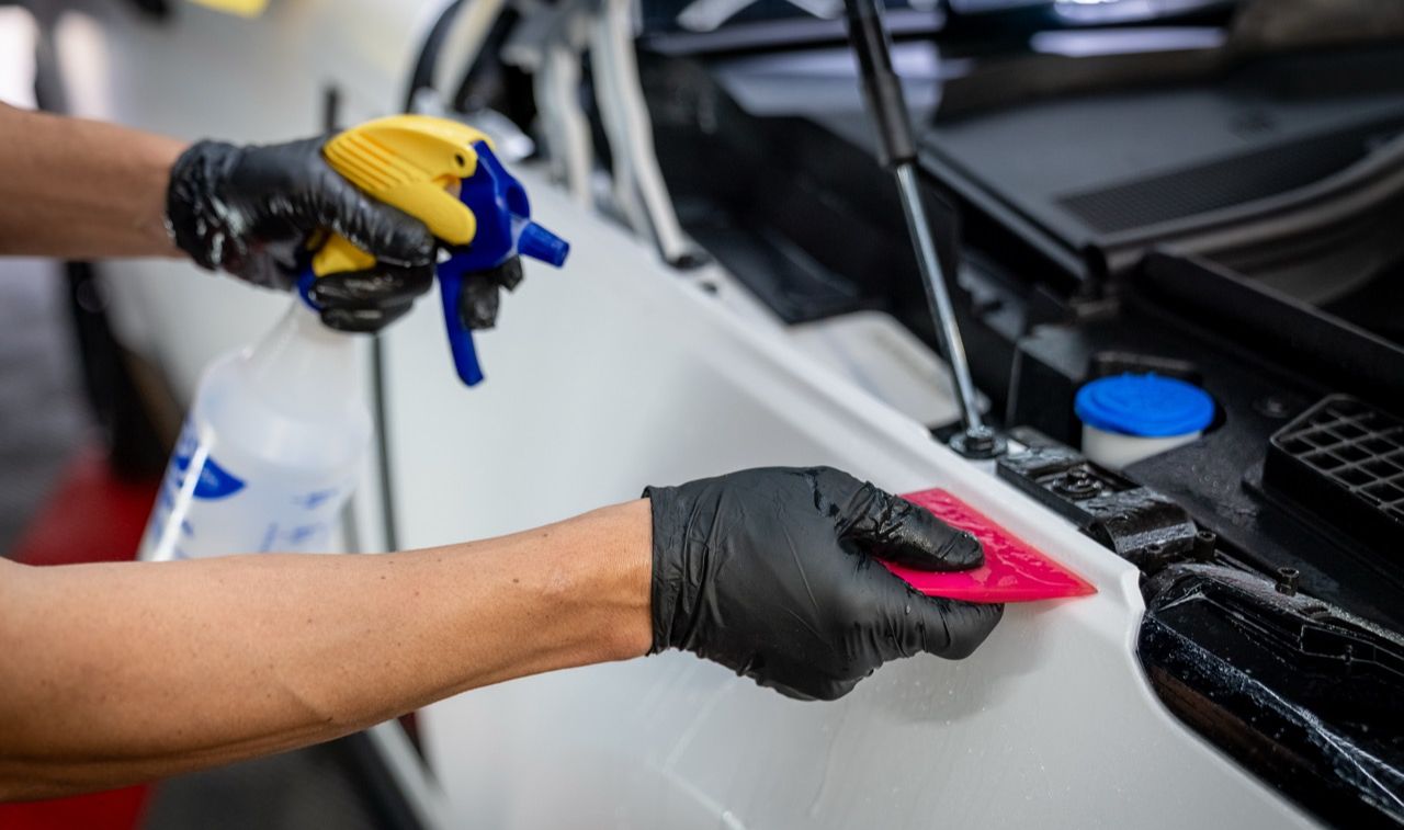 Gloved hand squeegeeing film onto a white panel