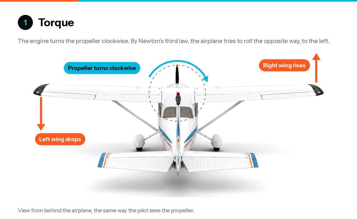 Torque: viewed from behind, the propeller turns clockwise and the airplane rolls left, with the left wing dropping and the right wing rising