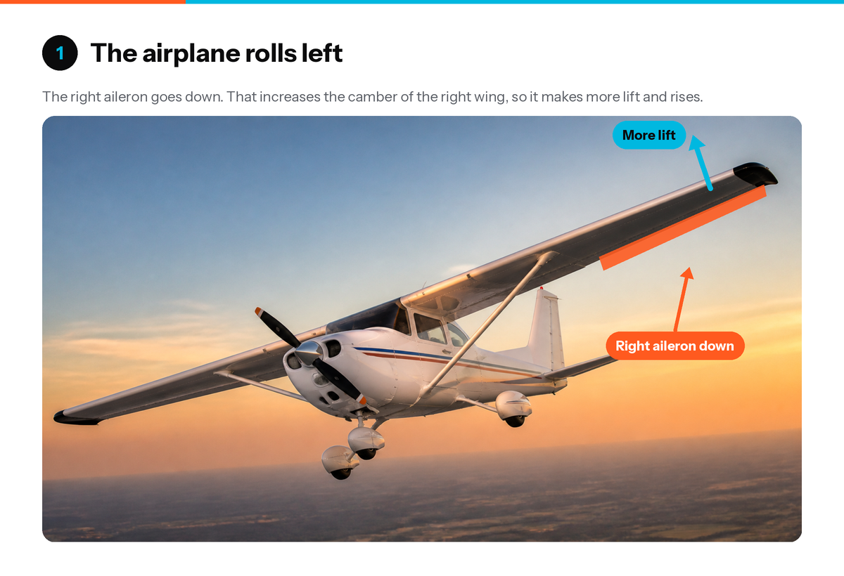 Step 1: the airplane rolls left as the right aileron goes down and the right wing makes more lift