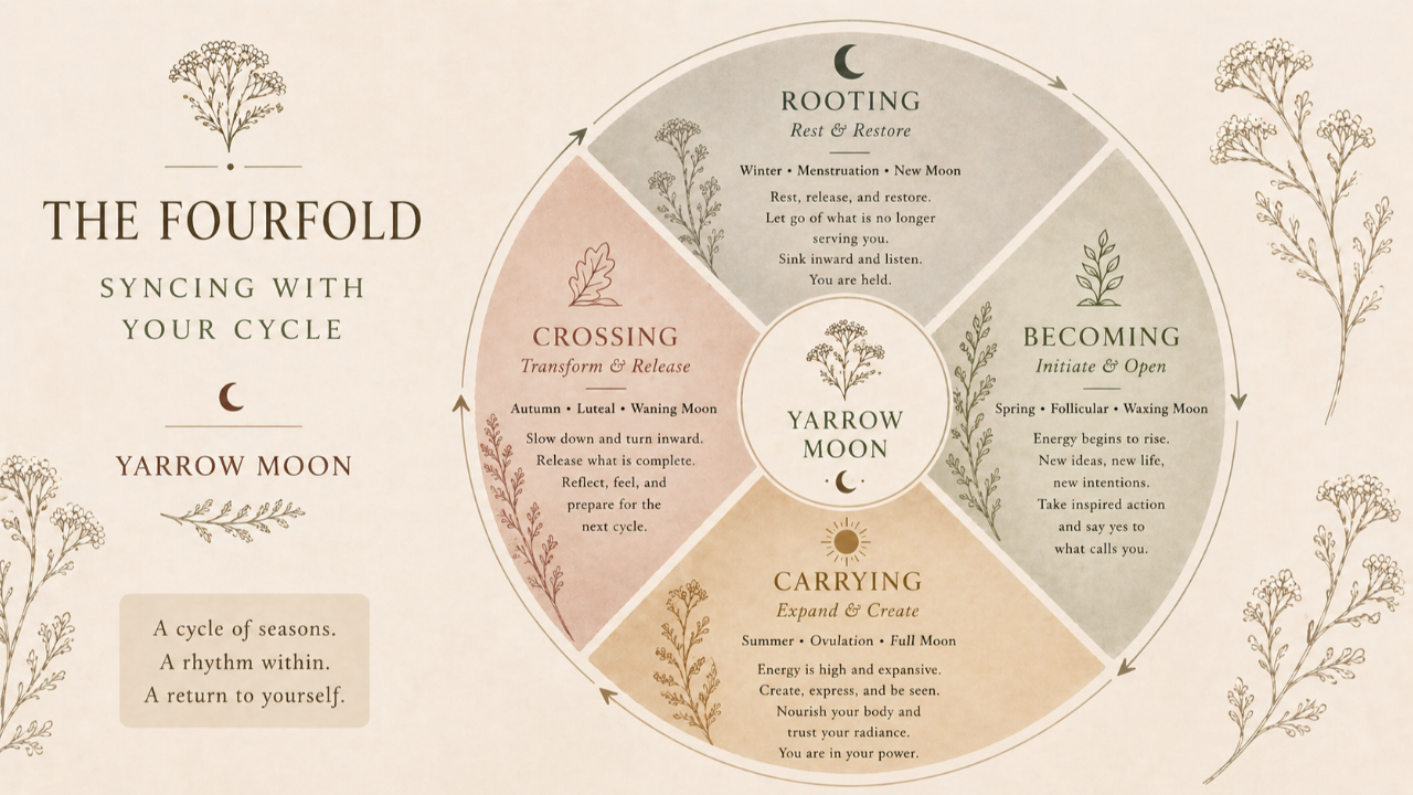 Yarrow Moon Fourfold cycle syncing chart showing menstrual cycle phases, seasons, moon phases, and feminine cyclical living rhythms.
