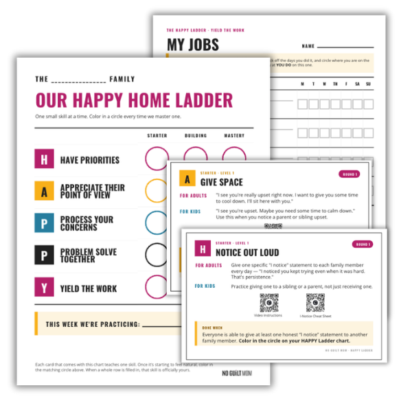 The Happy Home Ladder kit: the family fridge chart, the My Jobs chart and two skill cards, Give Space and Notice Out Loud