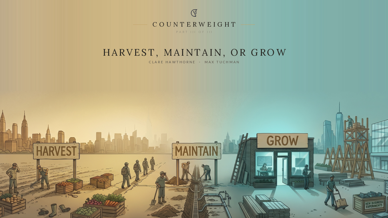Harvest, Maintain or Grow. A wide landscape for Counterweight Part III of III by Clare Hawthorne and Max Tuchman. Workers clearing a harvested field under warm light on the left, a trench being dug in the middle, and a new storefront under construction in cool light on the right.